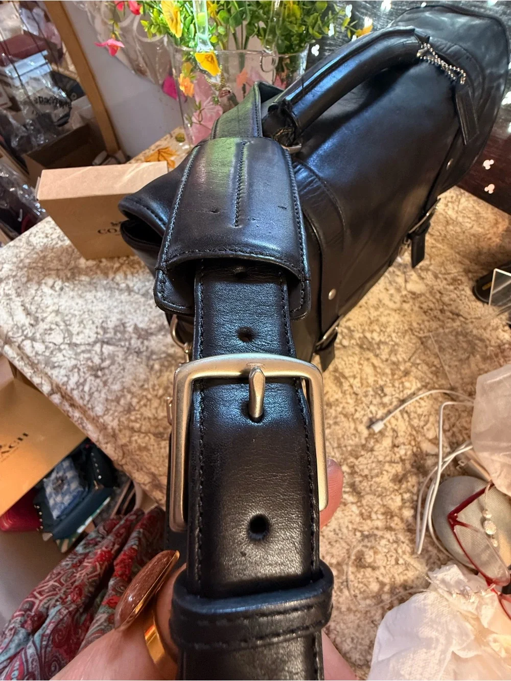 Coach Black Leather Messenger Bag with Buckle Straps